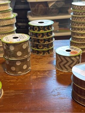 Assorted Decorative Dollar Tree Ribbon Spools - Neutral Dot & Chevron.
